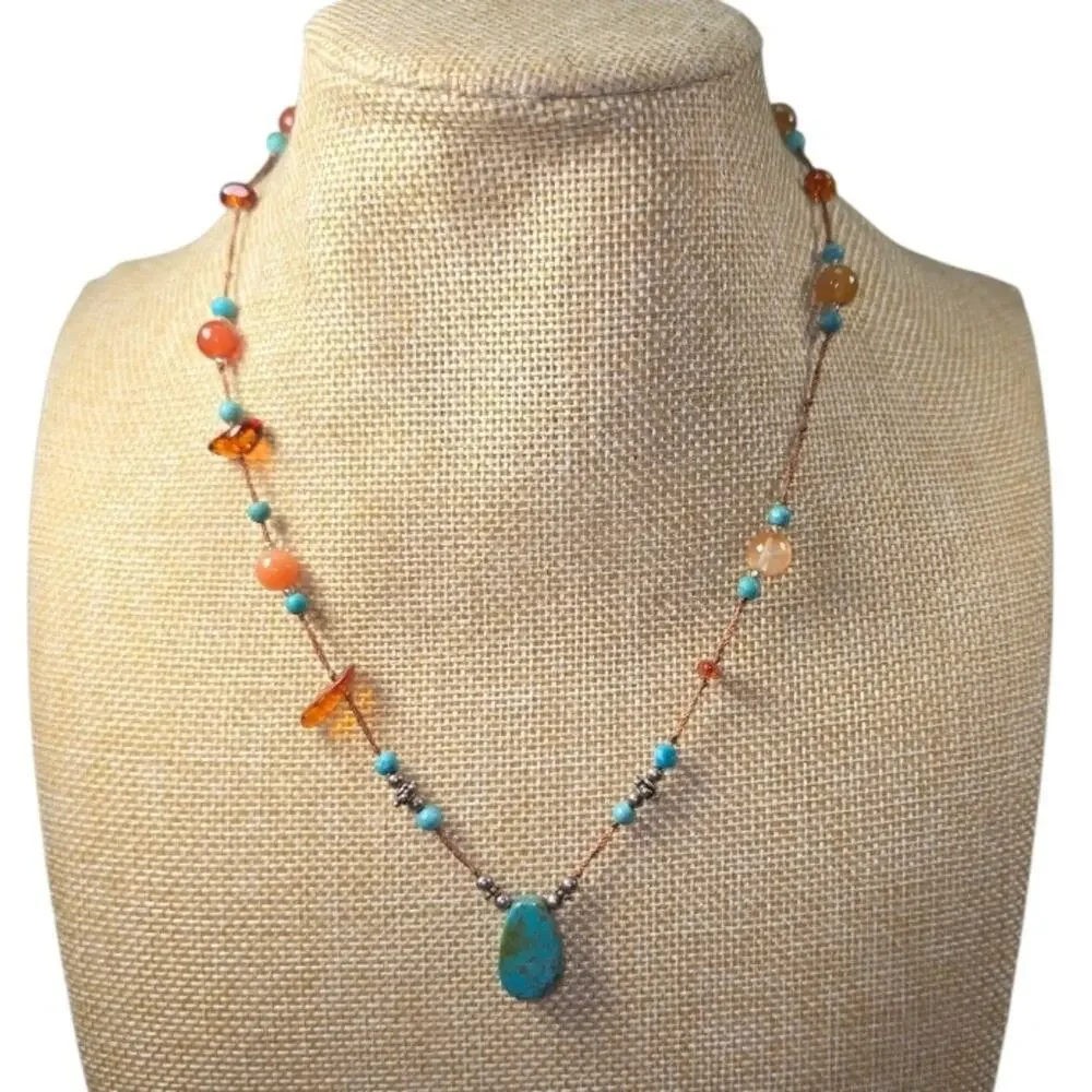 Treska Turquoise Orange Gemstone Beaded Necklace Copper Tone Boho Jewelry